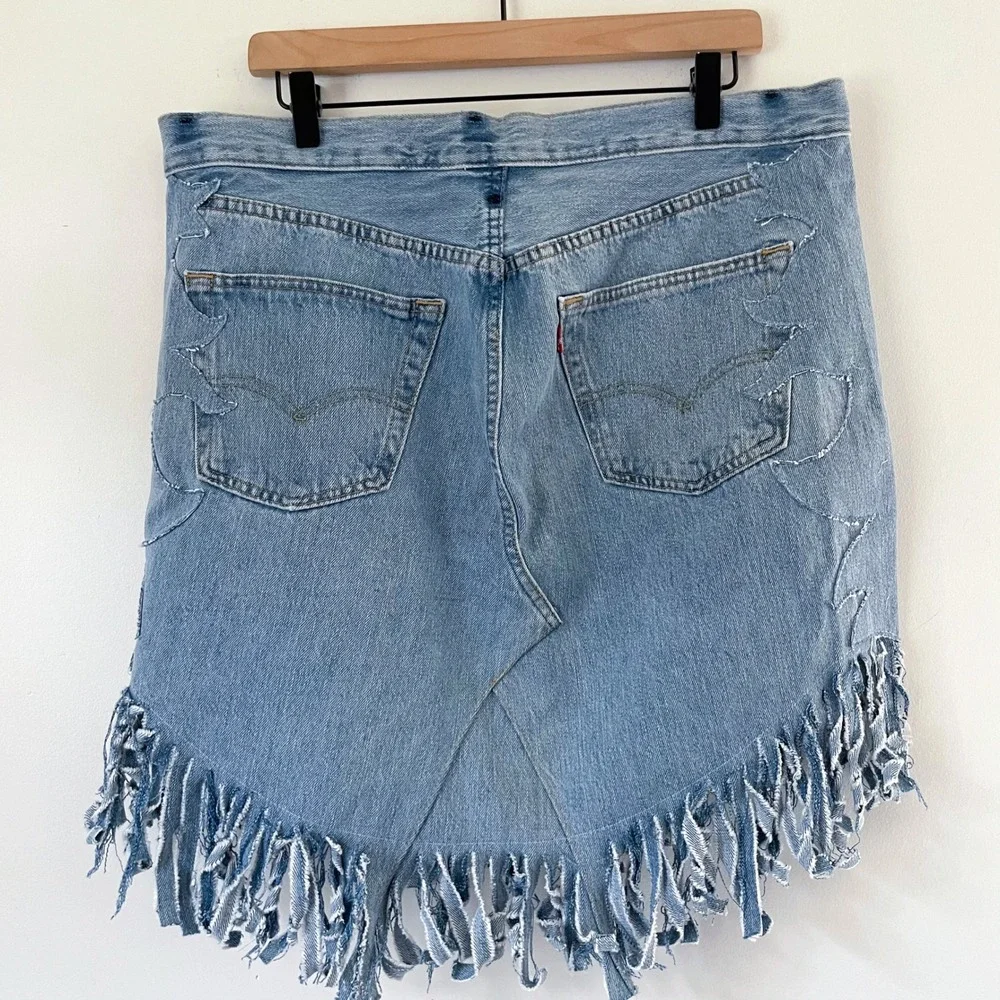 Levis Upcycled Denim Fringe Skirt XL Flame Stitch Western Cowgirl Festival